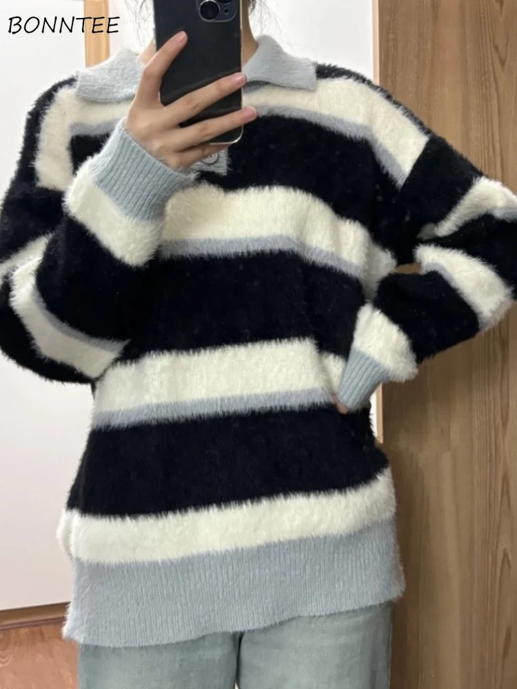 

Pullovers Women Turn-down Collar Soft Preppy Style Furry Loose Fit Autumn Winter Casual Knitted Top Korean Fashion All-match