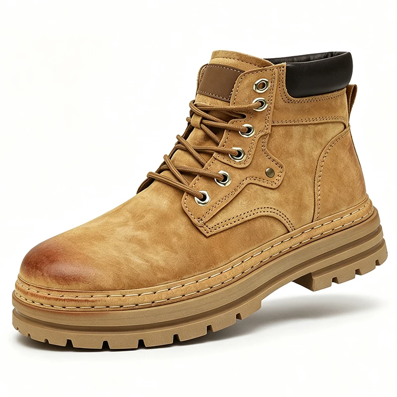 Men's Pig Suede Leather Ankle Work Boots Vintage Lace Up Male Non-slip Outdoor Combat Boots Casual Fashion Footwear