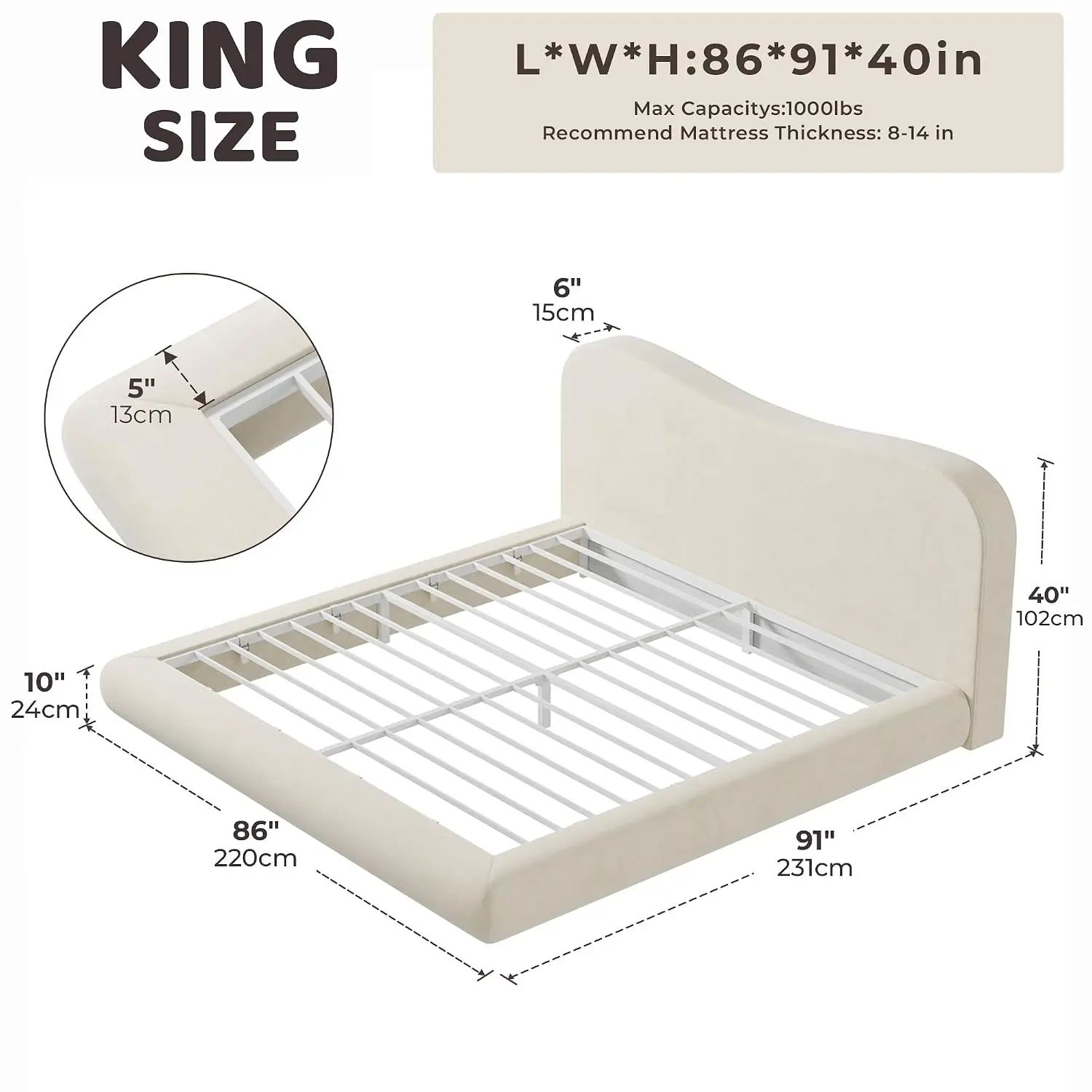 AirFrame King Upholstered Bed Frame with Camelback Curved Headboard | Camelback Curved Headboard, 360° Soft Foam Surround, Low P