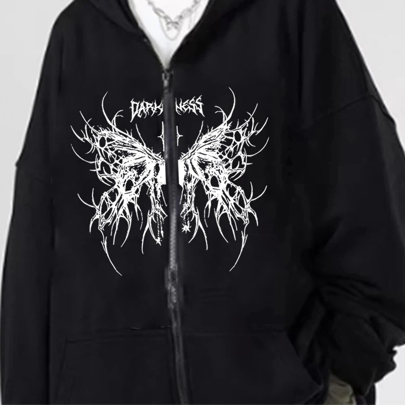 Moletom com Zíper Gothic Dark Angel para Homens e Mulheres, Moda Vintage Streetwear Y2K Hip Hop, Jaqueta de Manga Longa em Fleece