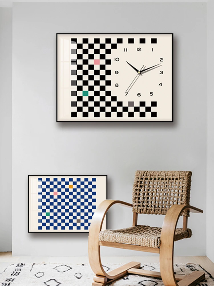 Black and white checkerboard ins square wall clock decorative painting Nordic bedroom bedside modern minimalist table