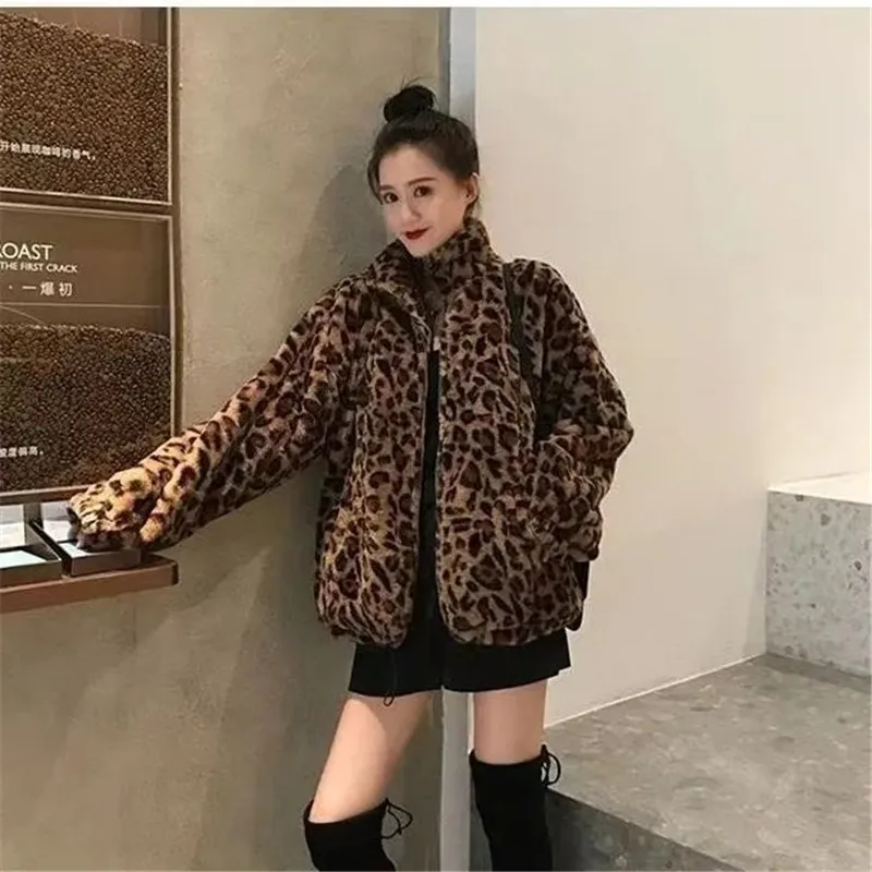 Leopard-Print Imitation Fur Coat Women Autumn Winter New Stand Collar Short Mink Fur Jacket Female Casual Plush Outerwear T1660