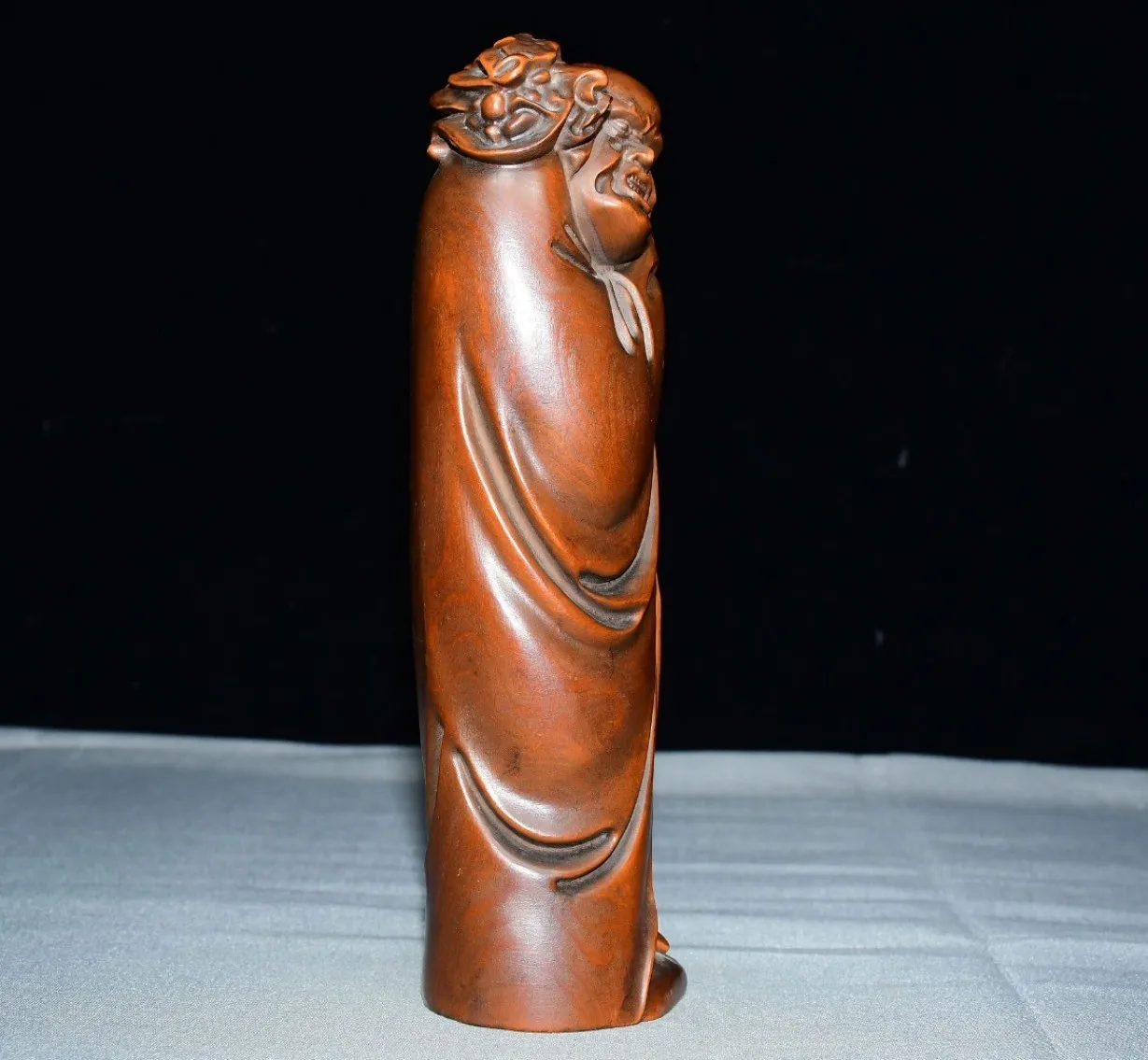 Hand Carved Wood Decor Piece Dragon Taming Arhat Statue Wooden Boxwood Oriental