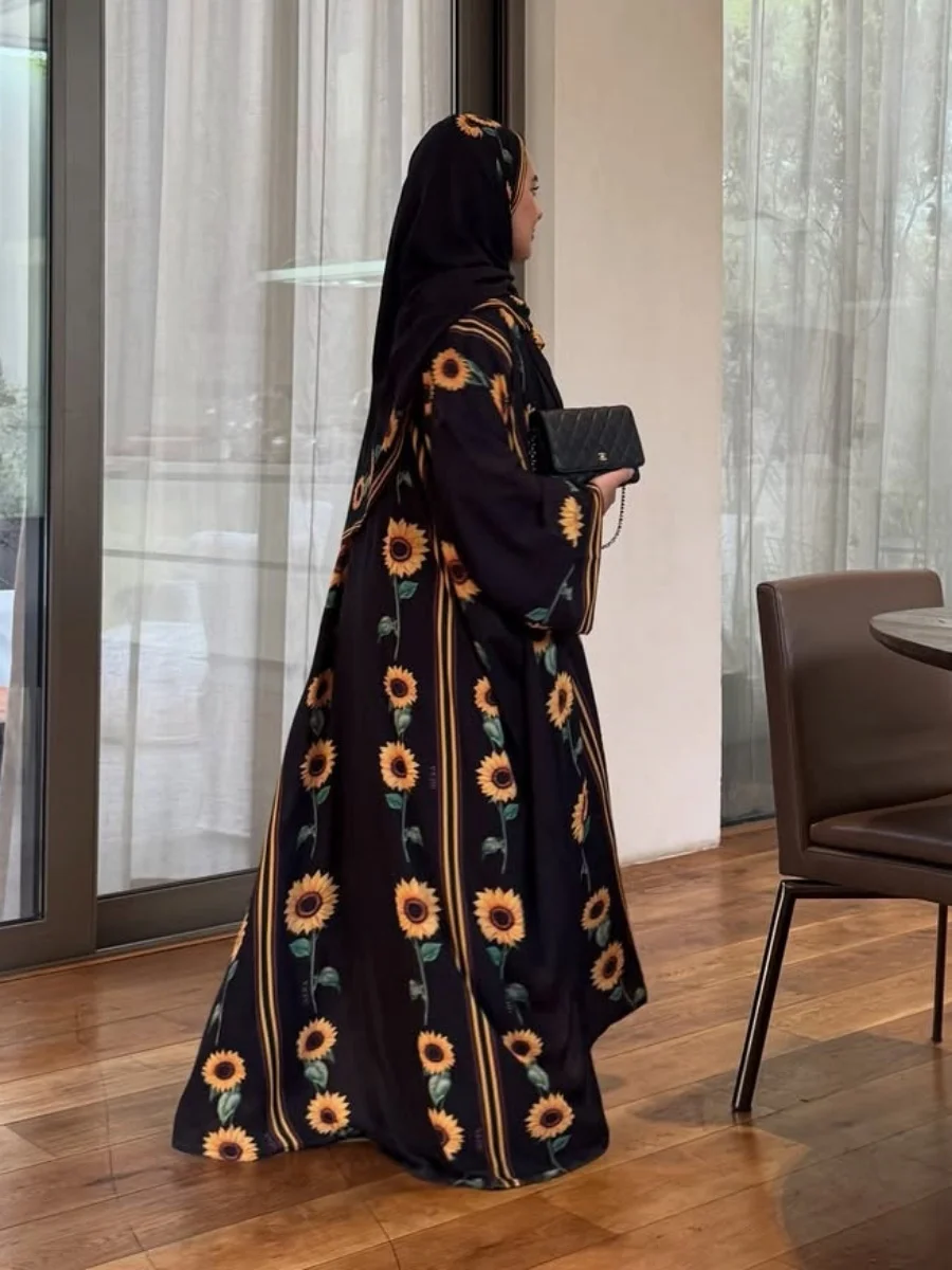 Mulheres muçulmanas dubai abaya girassol impressão quimono cardigan luxo preto vestido longo modesto kaftan robe femme roupas islâmicas