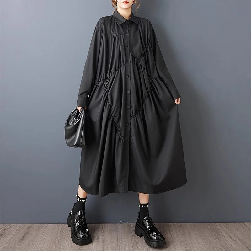 Spring And Autumn Shirt Dress Loose Dark Design With Irregular Wrinkle Splicing Temperament Single Breasted Robe W1632