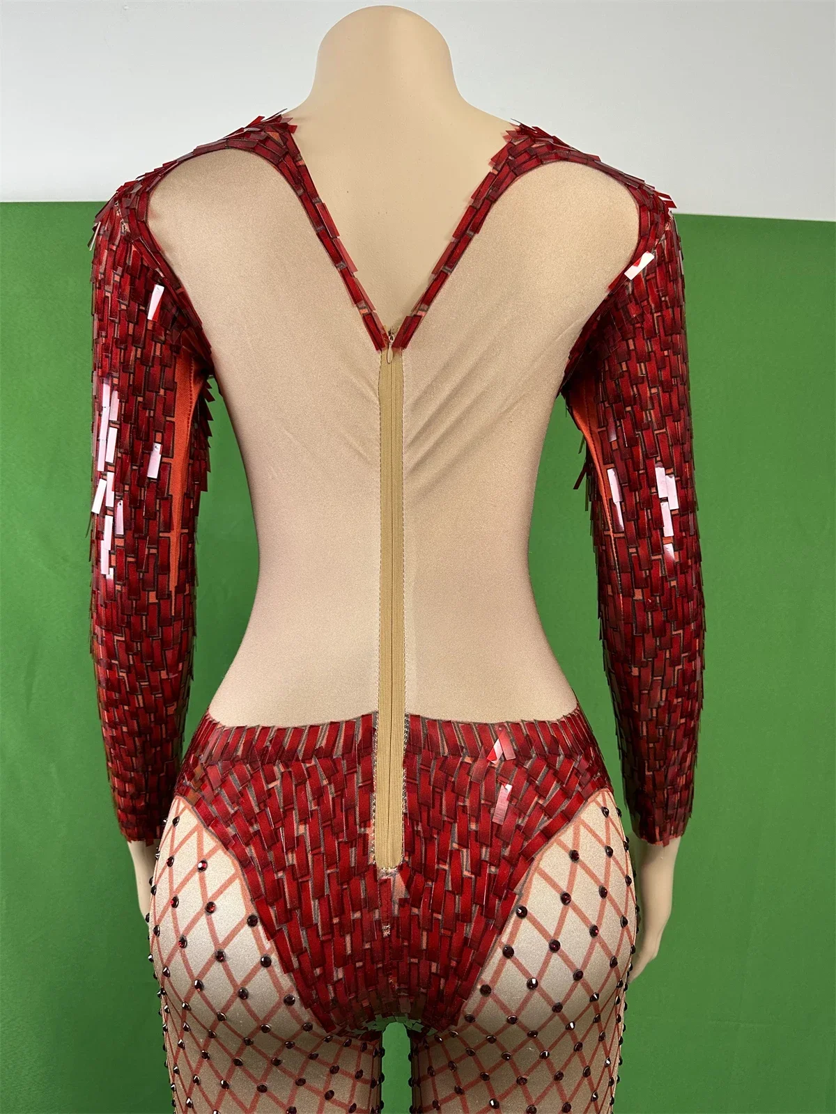 Damskie czerwone cekinowe kombinezony z dżetami, elastyczne, do tańca, na noc, błyszczące rajstopy, kostiumy DJ DS z brokatem, 2025