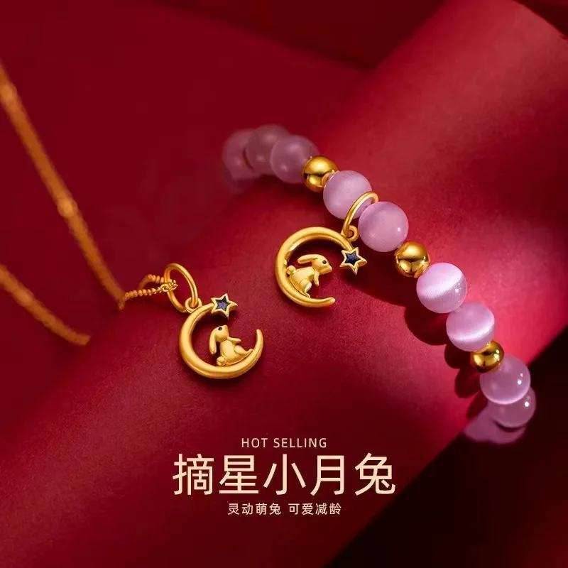 Cute 9999 24K Real Gold Cat Eye Star Picking Little Moon Rabbit Necklace Pendant Set Gold White Rabbit Pink Cat Eye Bracelet