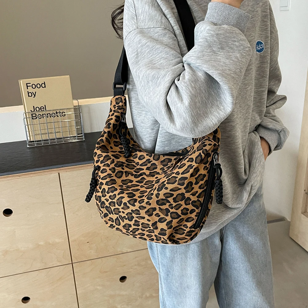 Women Hobo Sling Bag Large Capacity Leopard Print Crescent Crossbody Bag Adjustable Strap Daily Messenger Bag Simple Satchel Bag