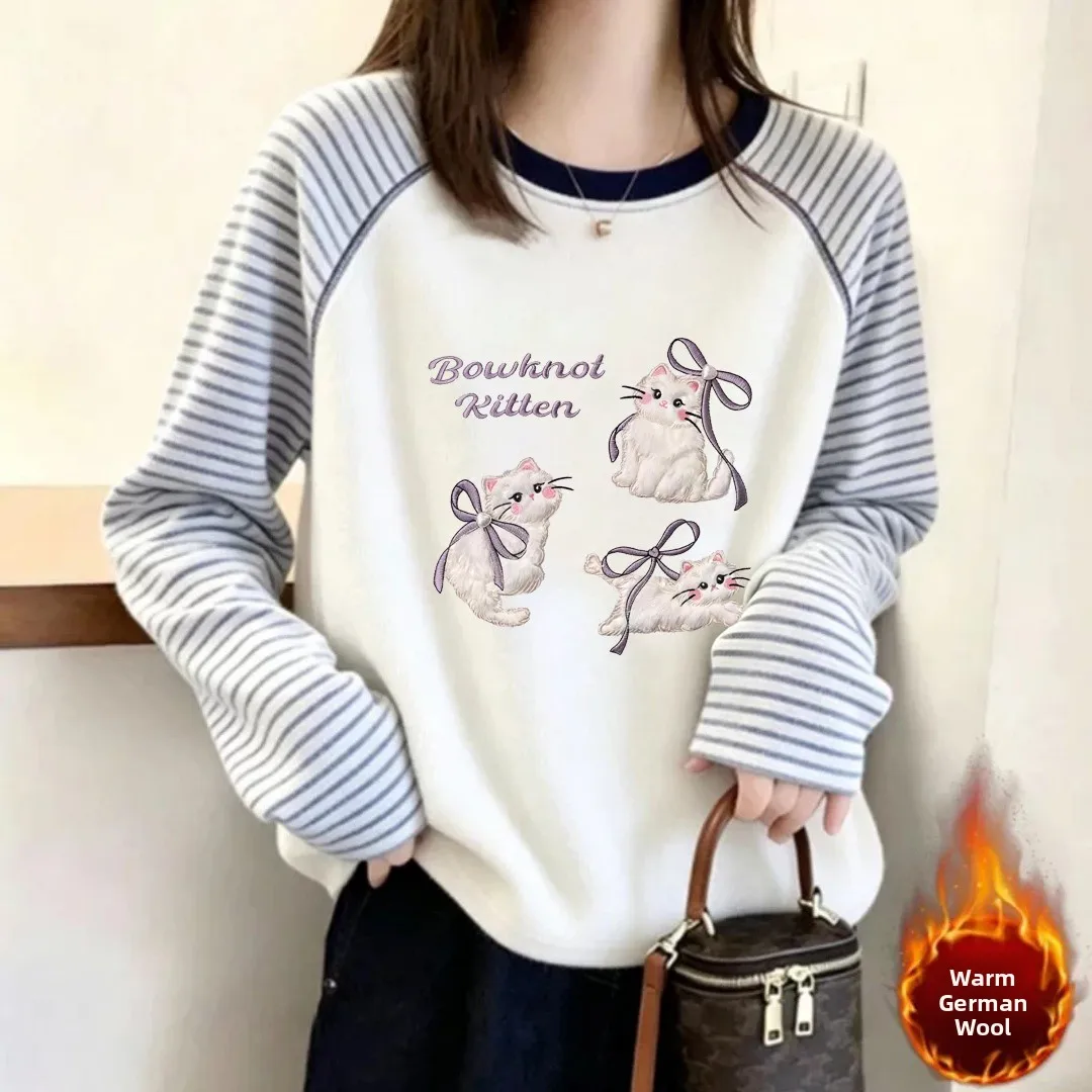 Thickened German Velvet Casual Loose T-Shirt Women's Long Sleeve round Neck Base Shirt Winter Autumn Animal Pattern Creative