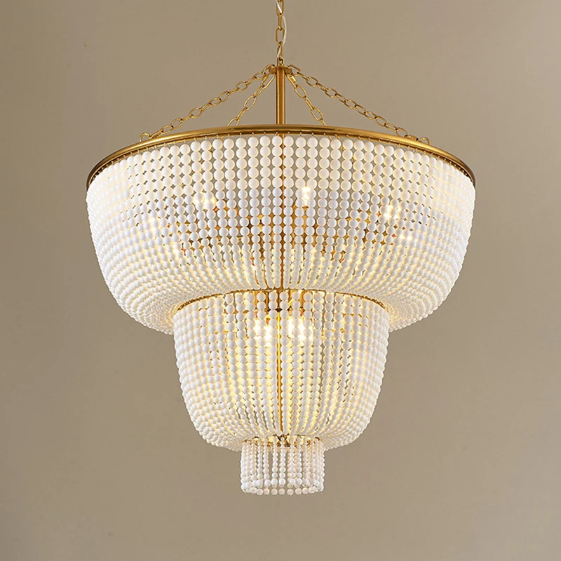 E14LED Decorative Light Modern Living Room Hotel Kitchen Pendant Lighting Vintage Loft Rustic Round Wooden Bead Pearl Chandelier