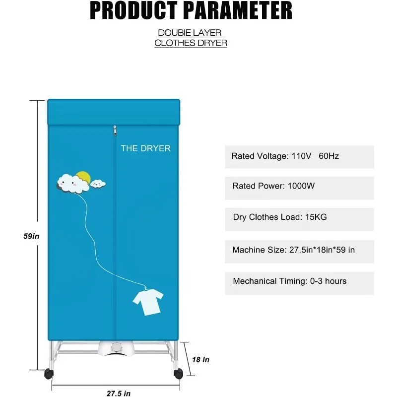 Portable Dryer,110V 1000W Electric Clothes Dryer Machine Double layer Stackable Clothes Drying Rack for Apartments, RV,Laundry