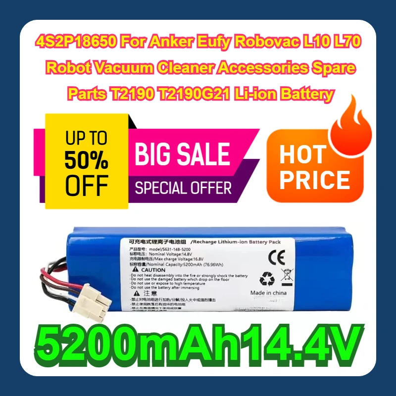 5200mAh14.4V 4S2P18650 For Anker Eufy Robovac L10 L70 Robot Vacuum Cleaner Accessories Spare Parts T2190 T2190G21 Li-ion Battery