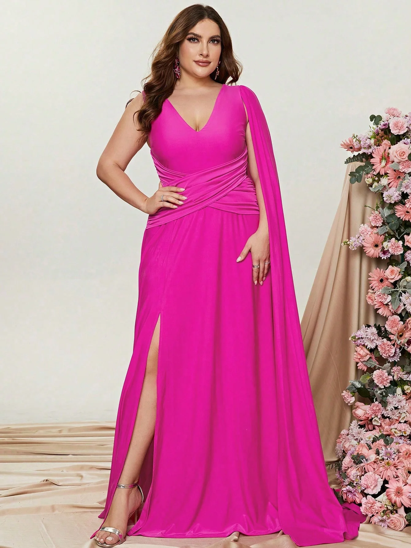 Plus Size Puff ärmel Rüschen Schlitz Party kleid