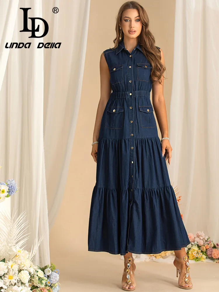 LD LINDA DELLA Autumn Women\'s Fashion Commuter Dress Turn-Down Collar Sleeveless Denim Single-Breasted Solid Color Dresses