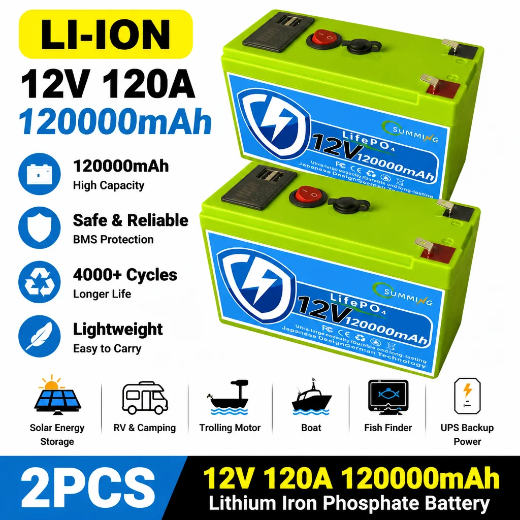 12V Lithium Battery 120Ah LiFePO4 4000+ Deep Cycles Built-in BMS,10-Year Lifetime,for UPS, Kayak Fish Finder, Solar Panel,Radio