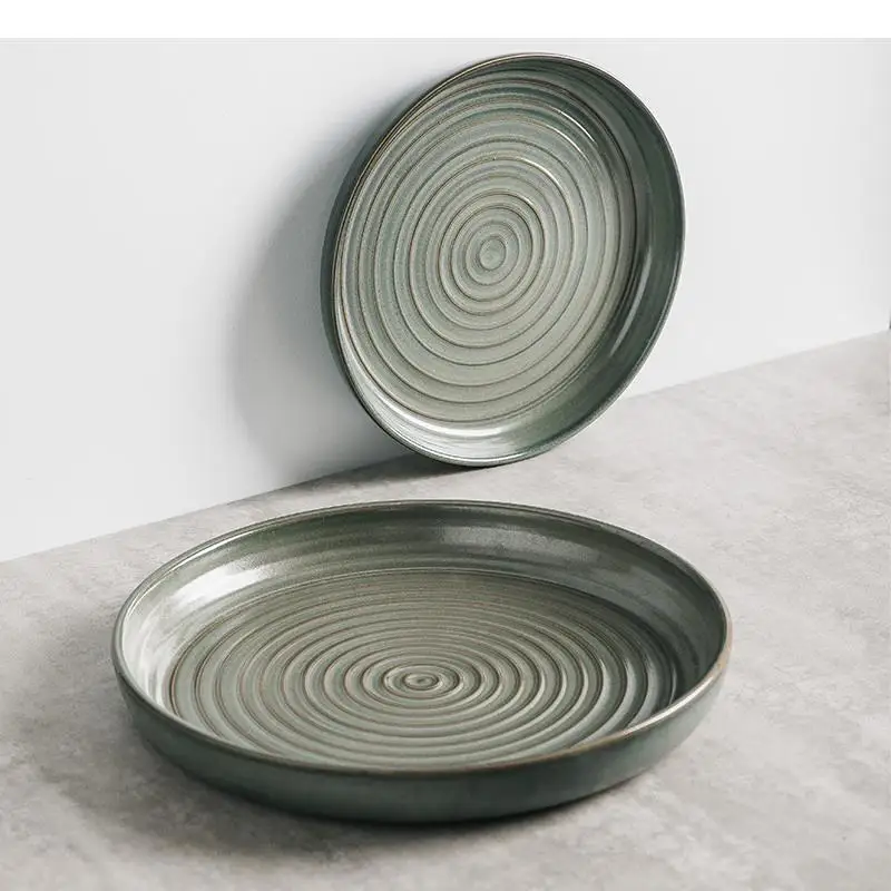 Vintage Threaded Ceramic Flat Plate Steak Dessert Salad Plates Pasta Molecular Food Specialty Tableware