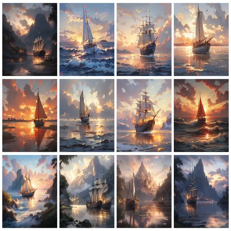 RUOPOTY Diy Acrylic Paint By Numbers Kits For Adults On Canvas Sea Sailboat Oil Painting Crafts With Frame Wall Decor
