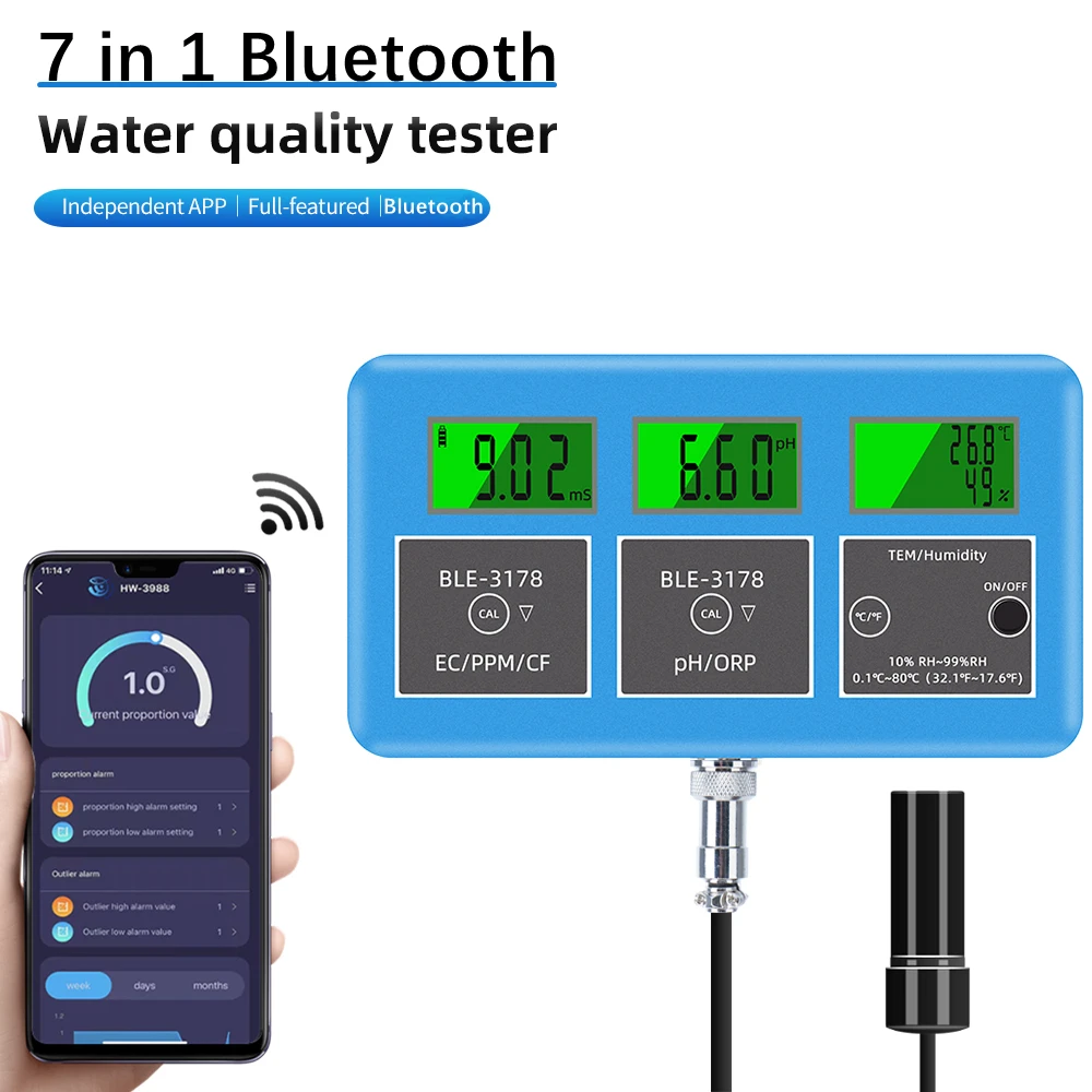 

Blue-tooth 7In1 Water Quality Tester EC/TDS/CF/pH/ORP/Humidity/TEMP Meter Mounted Water Analyzer APP Remote Monitoring BLE-3178