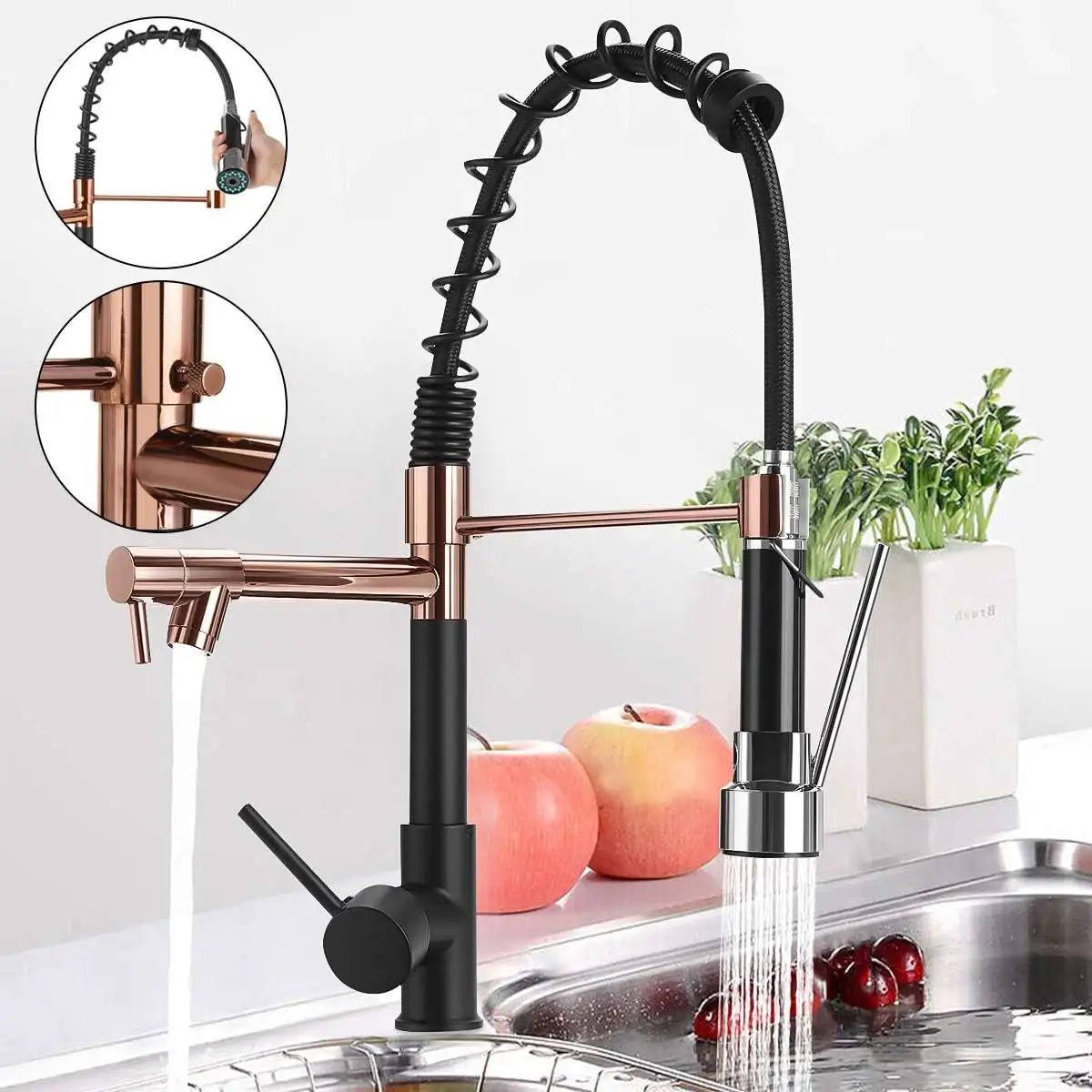 

Black Golden Spring Pull Down Kitchen Faucet Nozzle Dual Mode Water Mixer Single Handle Hot Cold 2 Outlet Swivel Kitchen Taps