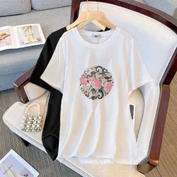 150Kg Plus Size Women's Bust 153 Summer Loose National Style Printed Short Sleeve T-shirt Black White 5XL 6XL 7XL 8XL 9XL