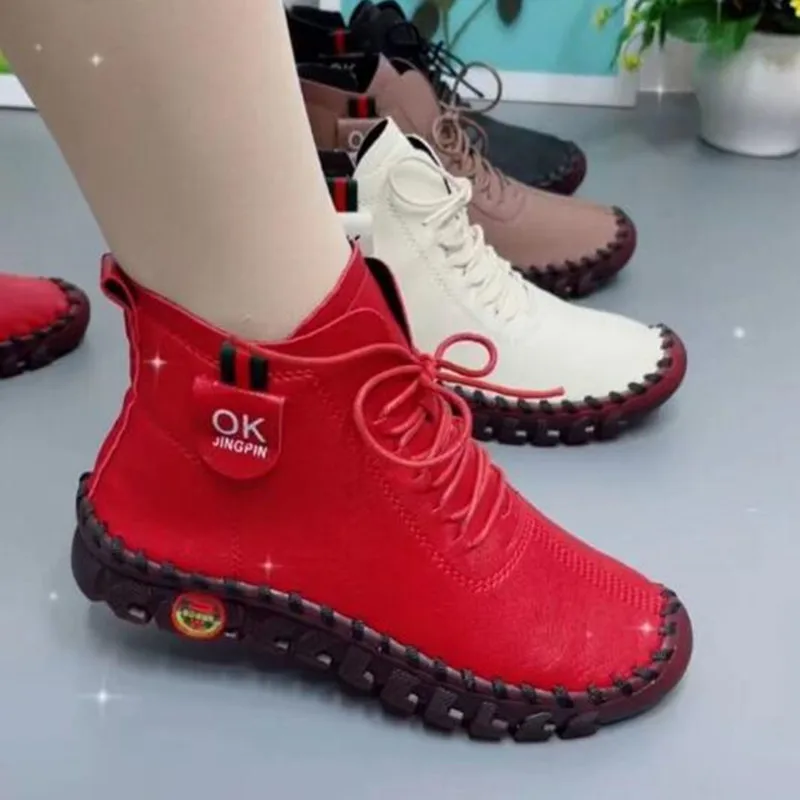 NEW Women Shoes Autumn Loafers Lace Up Sneakers Casual Flats Solid Soft Bottom Boots Leather High-Top Sneaker Female Shoes 2024