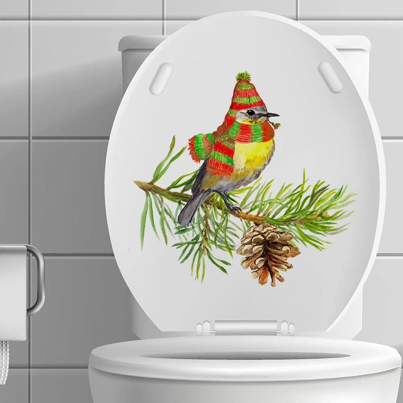 T422# Bird With Christmas Hat Funny Toilet Stickers Cartoon  Urination Toilet Lid WC Door Sticker Decor Paper Household