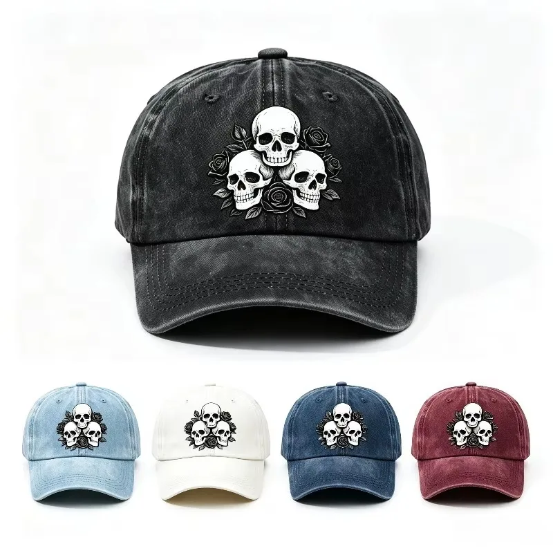 Distressed Washed Baseball Cap Skulls and Roses Print Adjustable Unisex Hat Gothic Retro Streetwear Halloween Outdoor Sun Hat