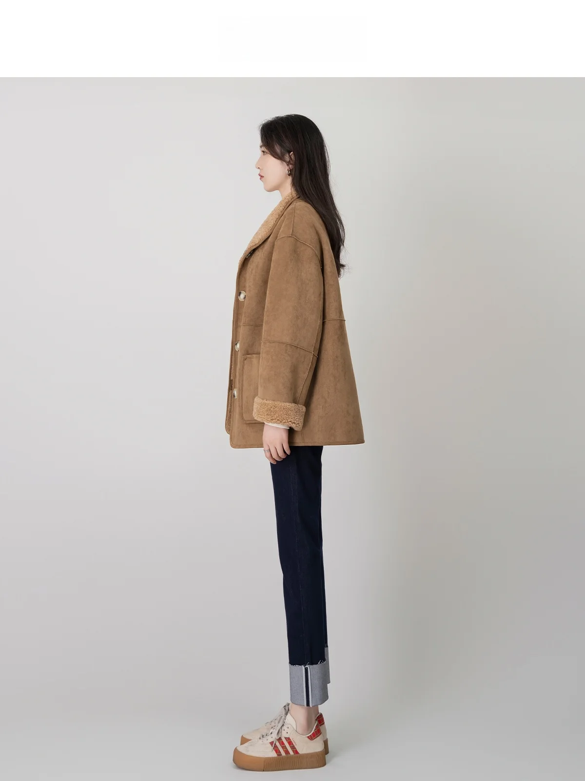 

Wavy Egg Retro Lamb Fur Double-Sided Wear Suede Jaet ort Collar Stand-Up Autumn Winter Women's Inteated Leather And Fur...