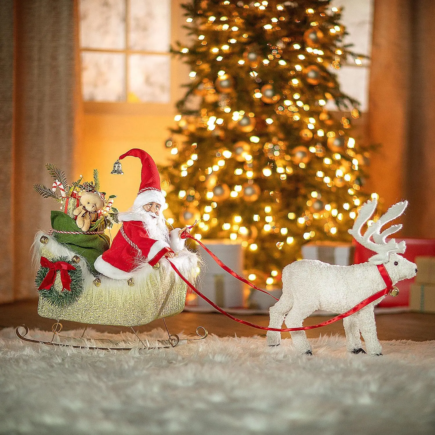 Animated Santa’s Sleigh and Reindeer Plastic Decoration, Light-Up Christmas Holiday Display, 38 x 10 x 16 Inches, 1 Set
