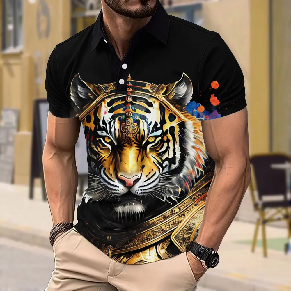 Nueva camisa Polo de verano para hombre, camisetas con estampado 3d de cabeza de tigre, Top informal holgado de manga corta, moda urbana, ropa de talla grande para hombre