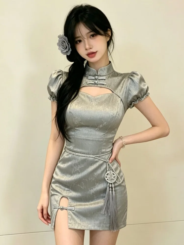 Sexy Hollow out Short Sleeve Qipao Dress Women's Summer Tight Fit Bodycon Short Skirt Vintage Chinese Style Sweet Style Dress