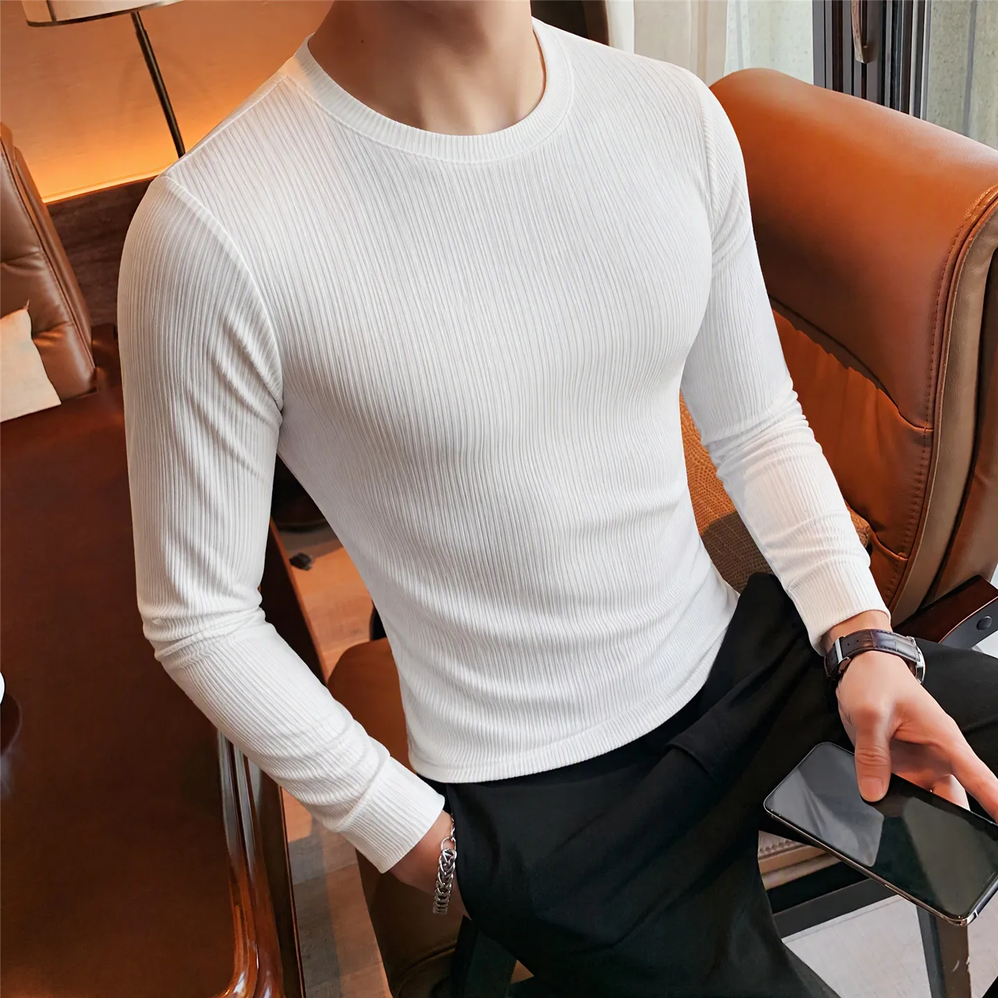 Autumn New Pinstripe Slim Fit Round Neck Waist Cinching T-shirt Men's Long Sleeved Solid Color Casual Elastic T-shirts Pullover