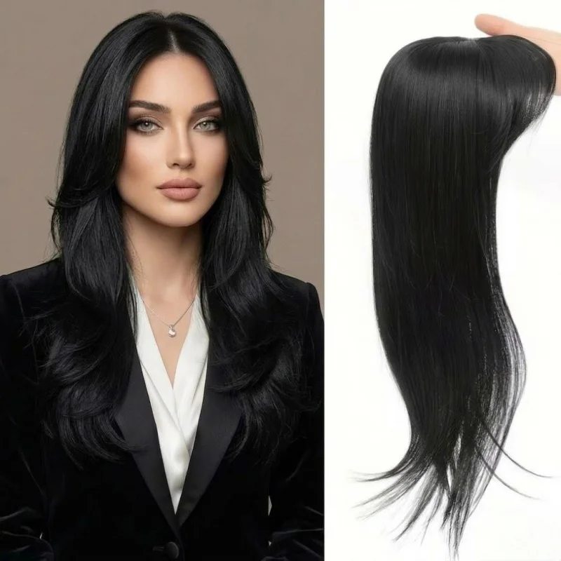 

18 Inch Black Clip-In Synthetic Hairpiece. Heat resistant fiber with 3D coverage, easy to wear for daily use.