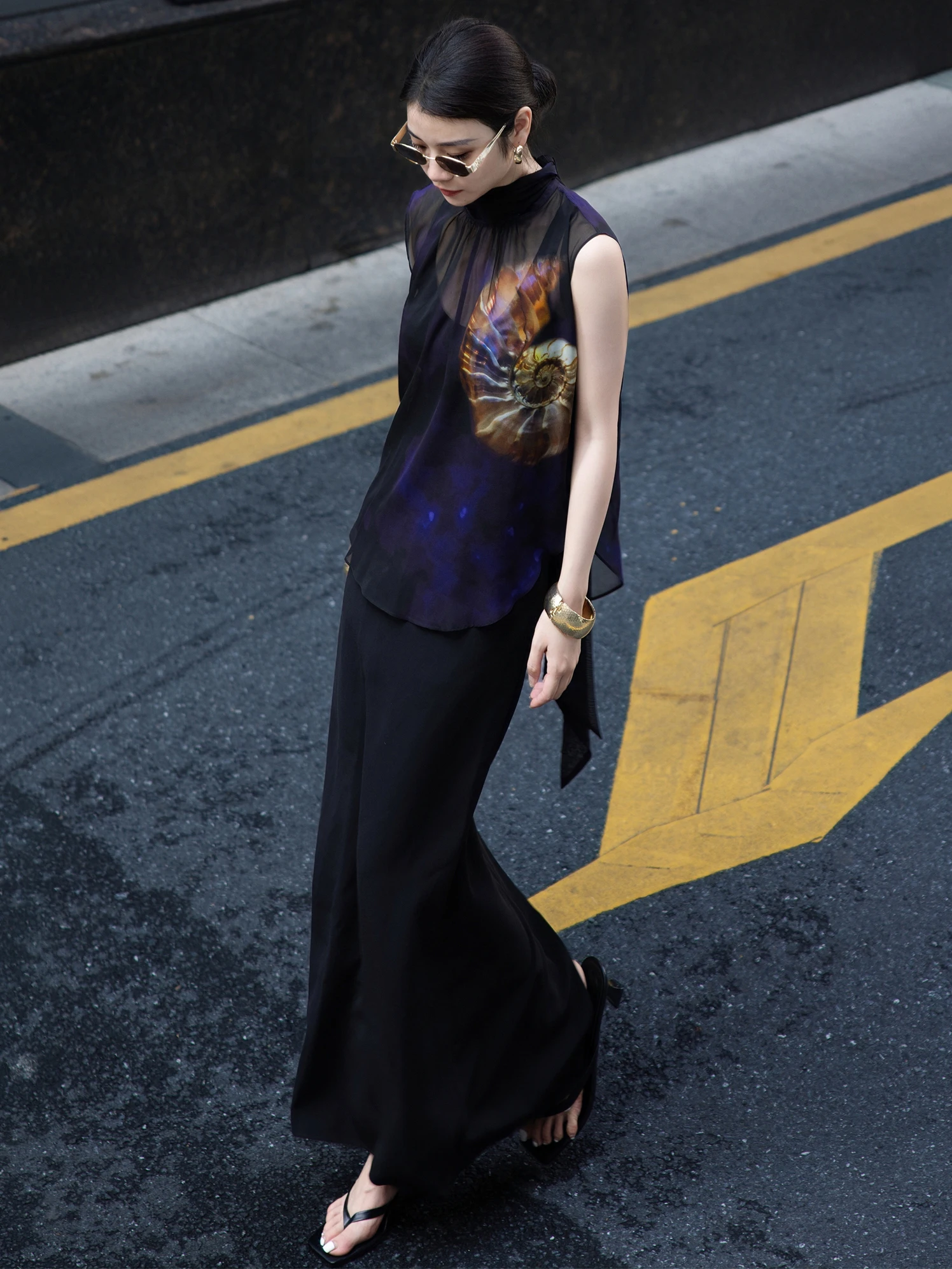 

Unique Beautiful Printed Silk irt Summer 2026 Women's Loose Fit Breathable Transparent Netie Top Commute Sle Regular Le...