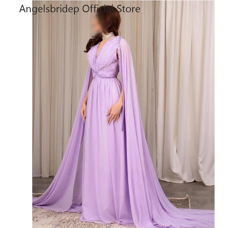 

Angelsbridep Elegant Lilac Chiffon Prom Dresses Long Cape Sleeves Beaded Sequins V-neck Floor Length Evening Gowns For Women