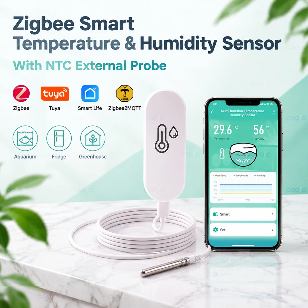 Tuya Zigbee Smart Temperature Humidity Sensor NTC Probe Water Liquid Temp Monitor for Aquarium Greenhouse Support Zigbee2MQTT