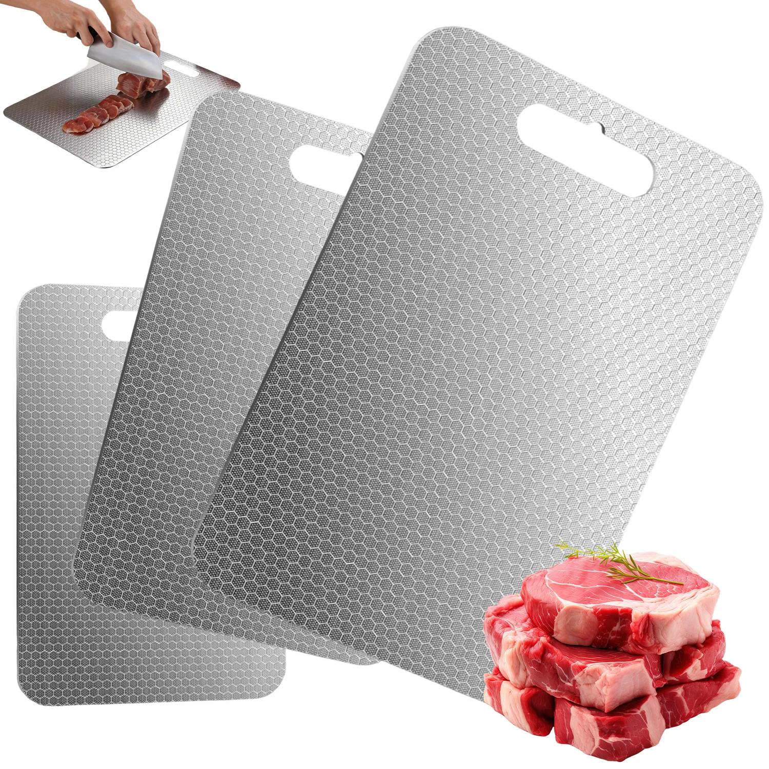 Dieses 3-teilige Schneidebrett-Set mit doppelseitigen Schneidebrettern ist in drei Größen erhältlich: 20×30cm, 23×34cm und 39×28cm. Aus Edelstahl gefertigt, eignet sich für Heimküchen und kann zum