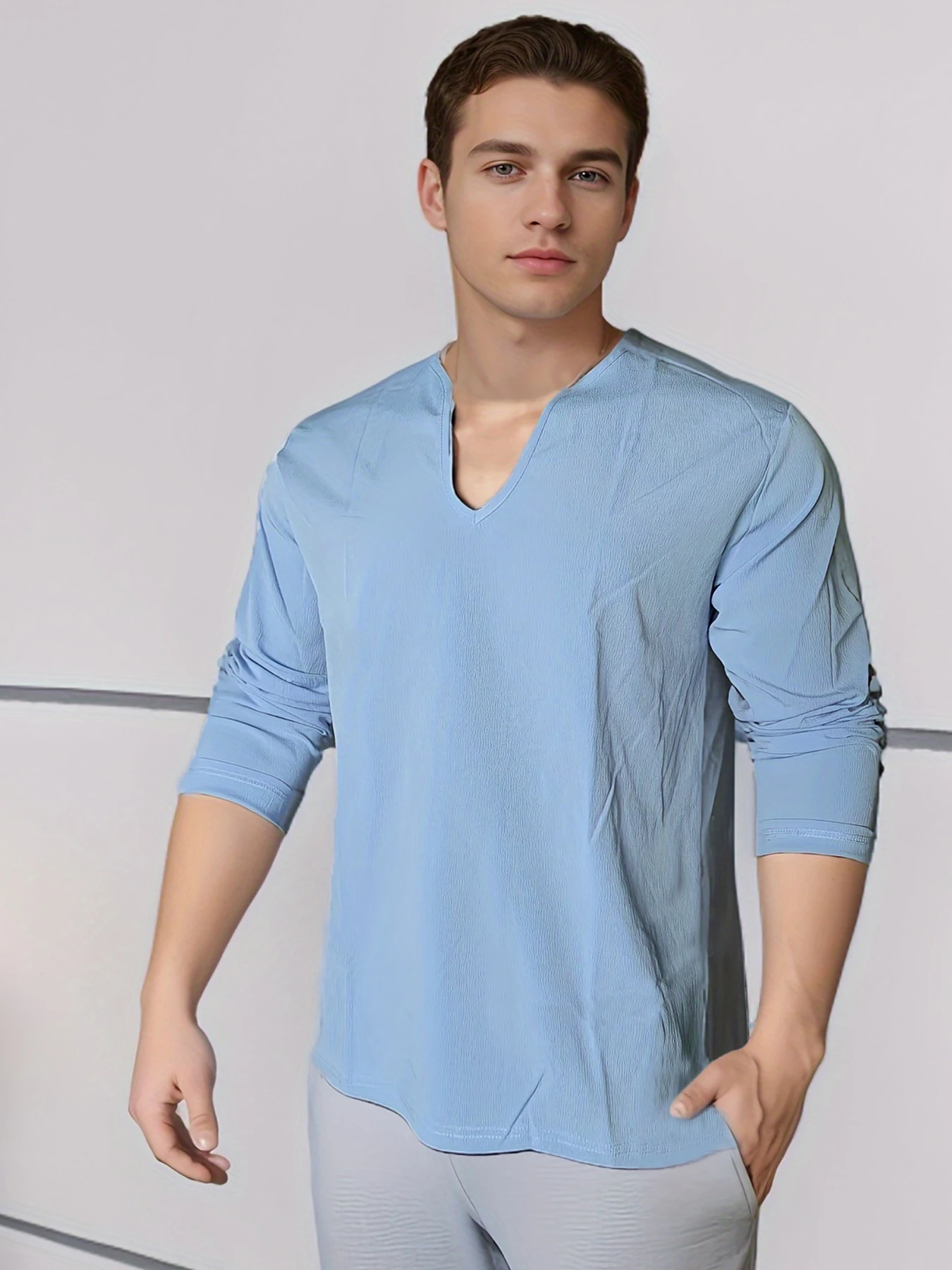 Men\'s Shirt Top V Neck Breathable Beach Shirt Long Sleeves Closure Regular Fit Solid Color Male Casual Shirt For Daily Vacation