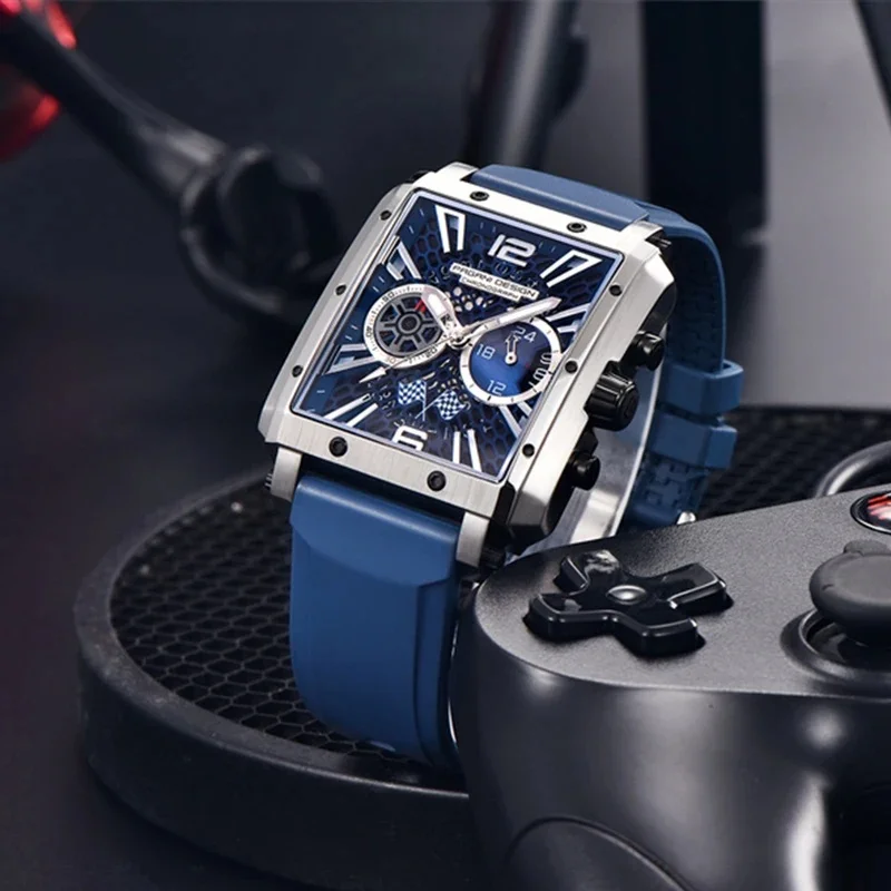 PAGANI DESIGN PD1725 Men Square Quartz Chronograph Watch Hollow Racing Dial Blue Silicone Strap Sports Wristwatch