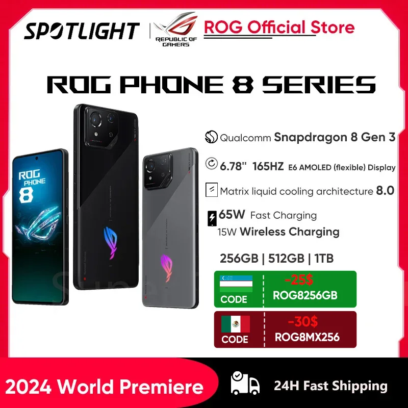 2024 World Premiere ASUS ROG Phone 8 Snapdragon 8 Gen 3 5G الهاتف الذكي 6.78 بوصة 165 هرتز شاشة رياضية إلكترونية 65 وات شحن NFC ROG 8 Pro