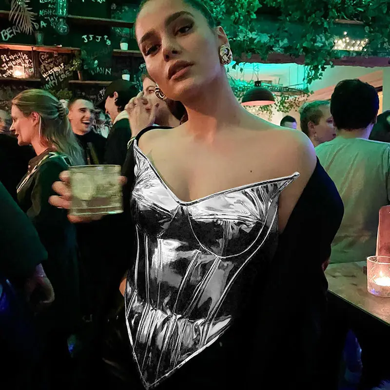 

Женские укороченные топы из искусственной кожи с яркой поверхностью, женские асимметричные топы без бретелек для вечеринок, банкетов, ужина, ночного клуба, майки, жилет, майки