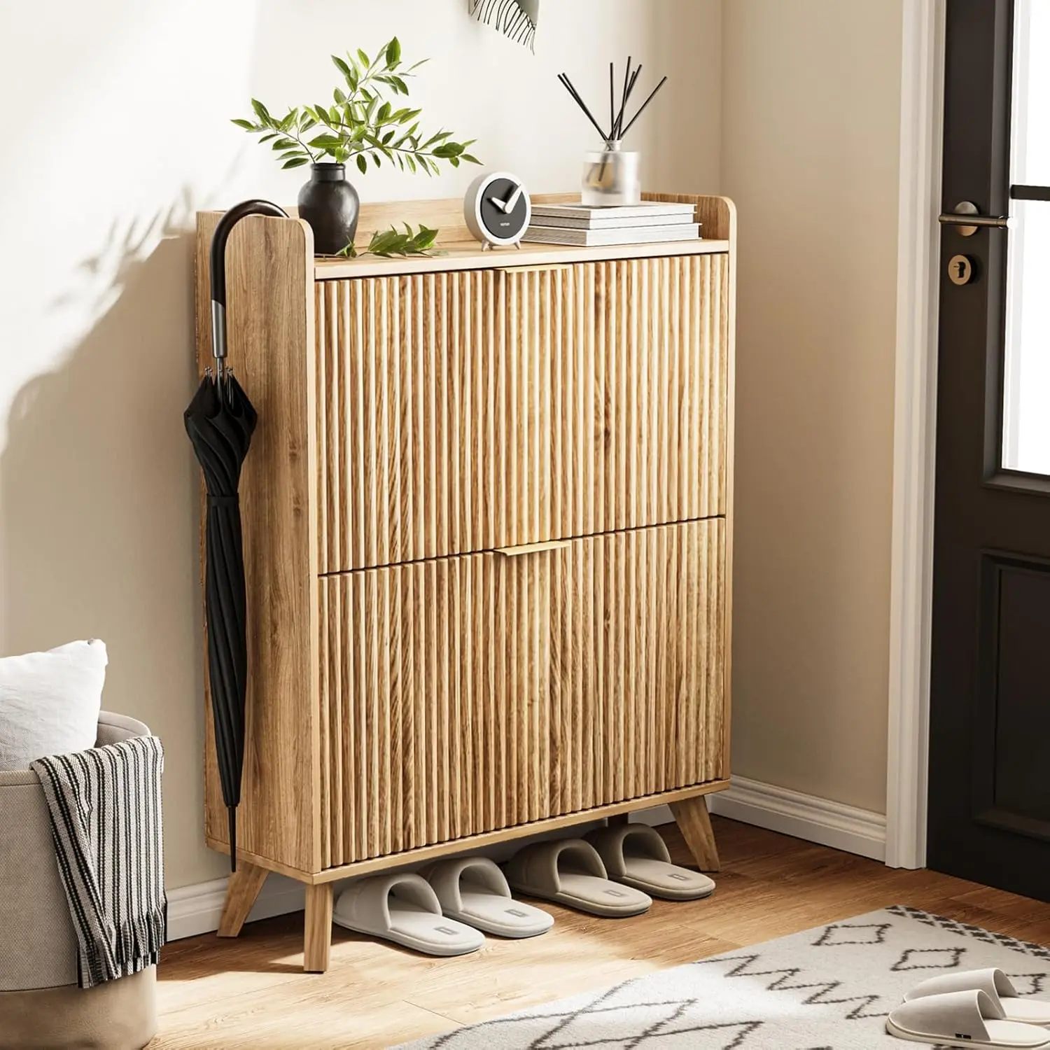 

Fluted Shoe Cabinet with 2 Flip Drawers, Hidden Shoes Rack Cabinets Free Standing Shoes Organizer