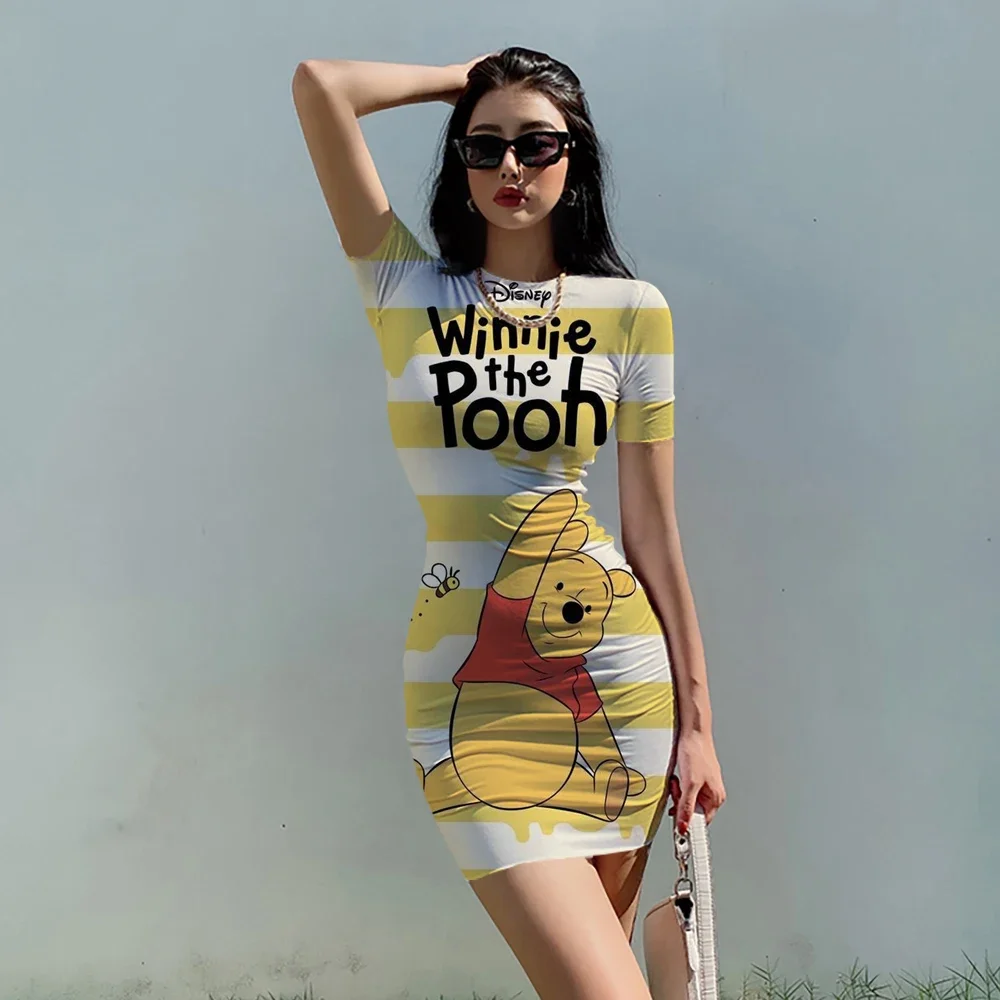 Disney Winnie the Pooh Women Summer Sexy Dress Cartoon 3d Print  Club Party Fashion Dresses Bodycon Short Sleeve Dress Slim