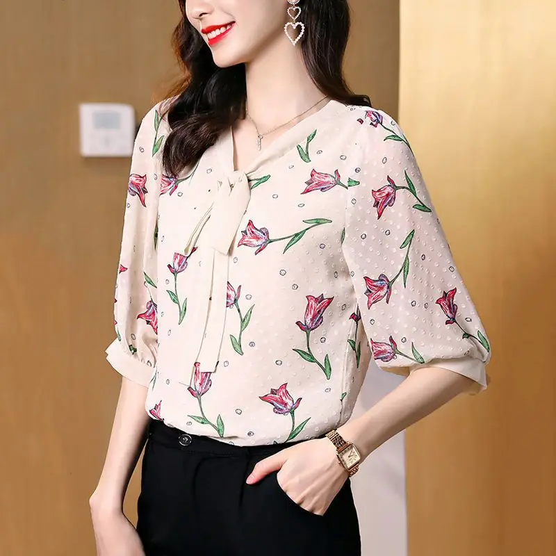 Blusa de chiffon floral novo estilo verão solto ajuste camisa feminina emagrecimento