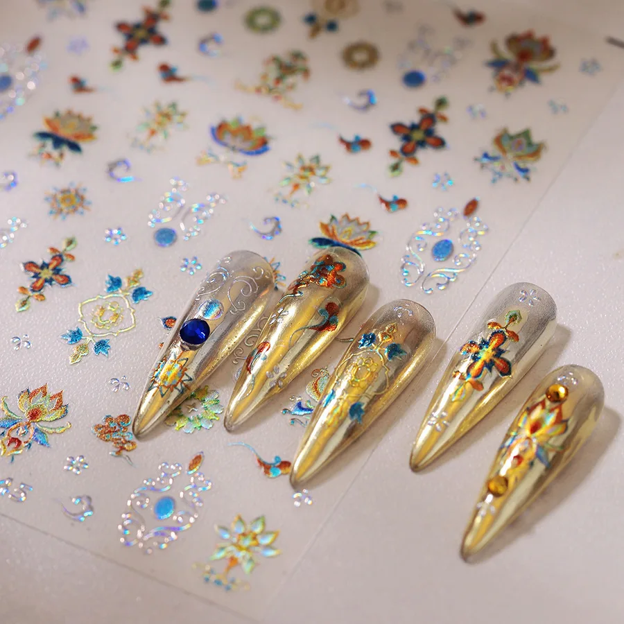 5D Relief Shiny Gold Jelly Symmetric Floral Bohemia Totem Adhesive Nail Art Stickers Decals Manicure Gorgeous Ornaments Supplier