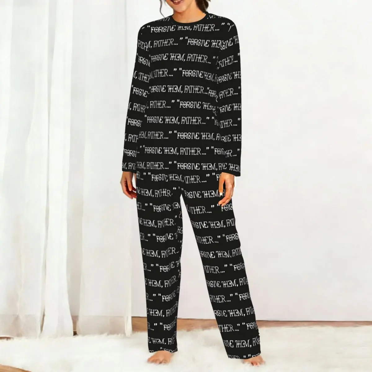 Christian Jesus Forgive Them Father Round Neck Long Sleeve Nightgowns for Sleeping Sleepshirts Women Soft Pajama Set Long Pants