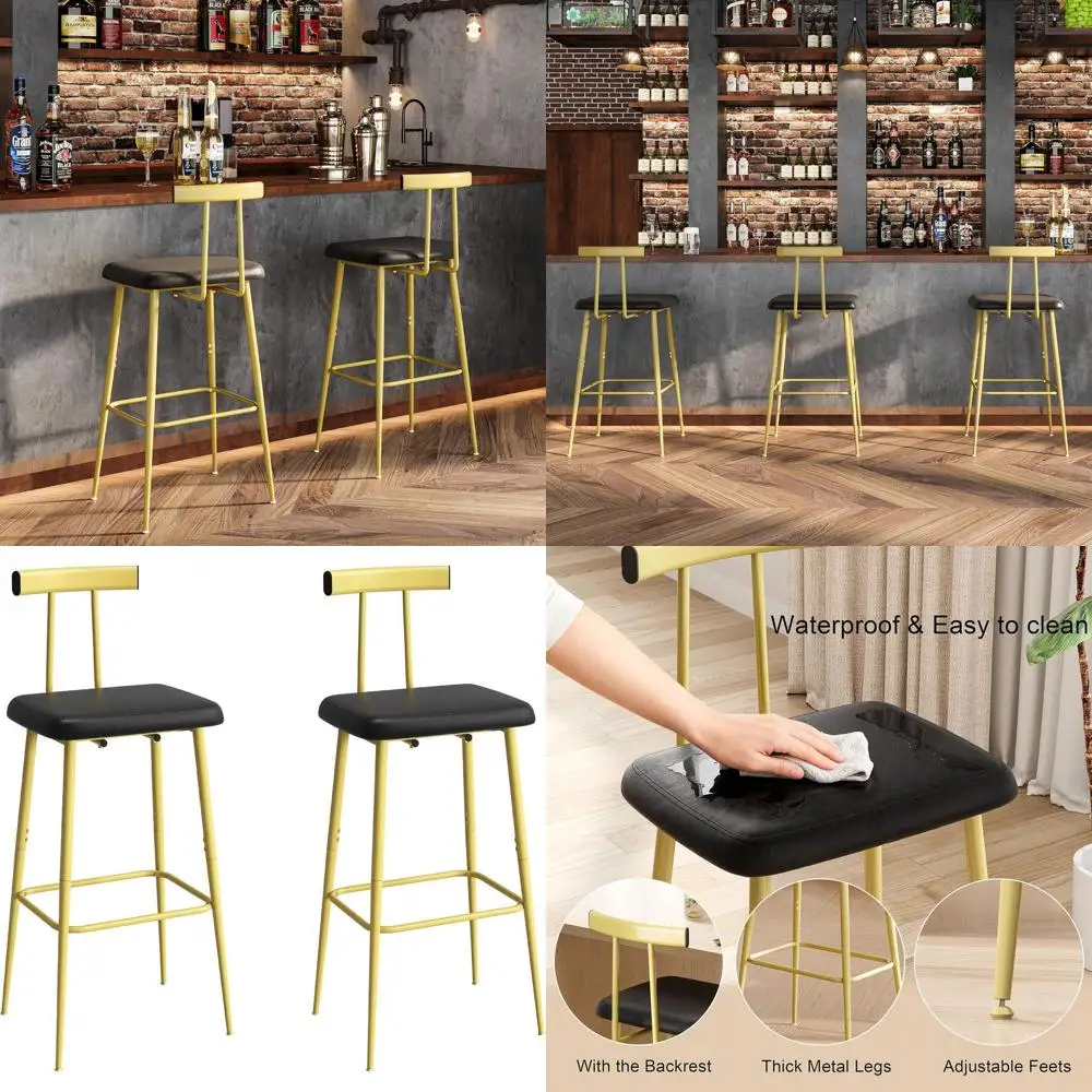 Pair of Counter Height Bar Stools with Backrest, Footrest, and PU Leather Cushion, Gold Industrial Style for Kitchen, Dining, Ba