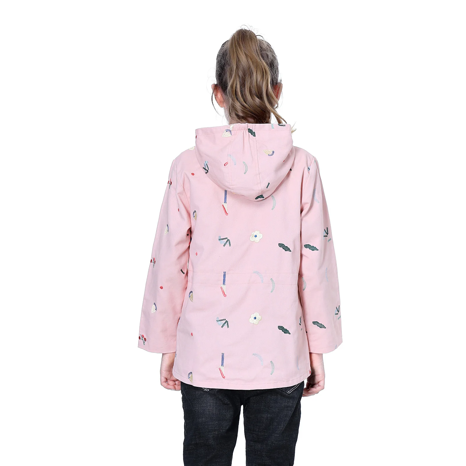 Children's Transition Jacket,Girls Cotton Spring Autumn Jacket,Floral Embroidery Hood Trench Coat,Softshell Jacket Windbreaker