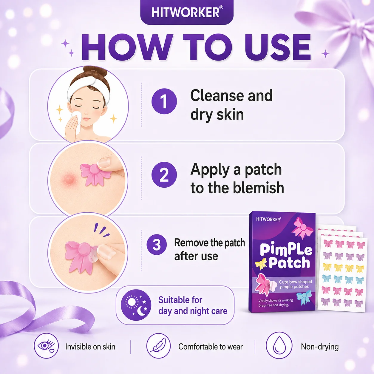 120 Adesivos para Acne em Formato de Laço, Adesivos Hidrocoloides Fofos em Formato de Laço para Espinhas, Adesivos Invisíveis para Cobertura de Mancha