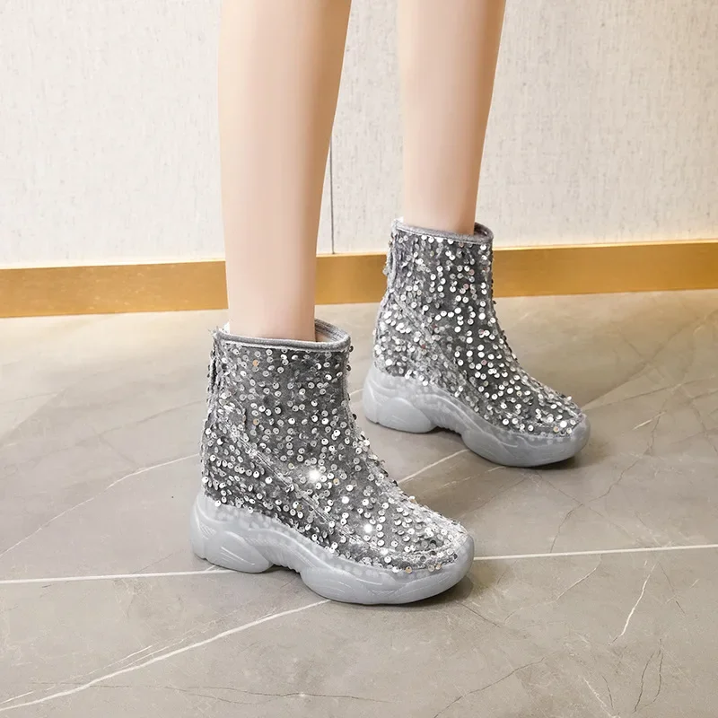 

Platform Short Boots Autumn and Winter New Niche Design Sense Velvet Fashion Sequins Versatile High-top Women's Cotton Shoes